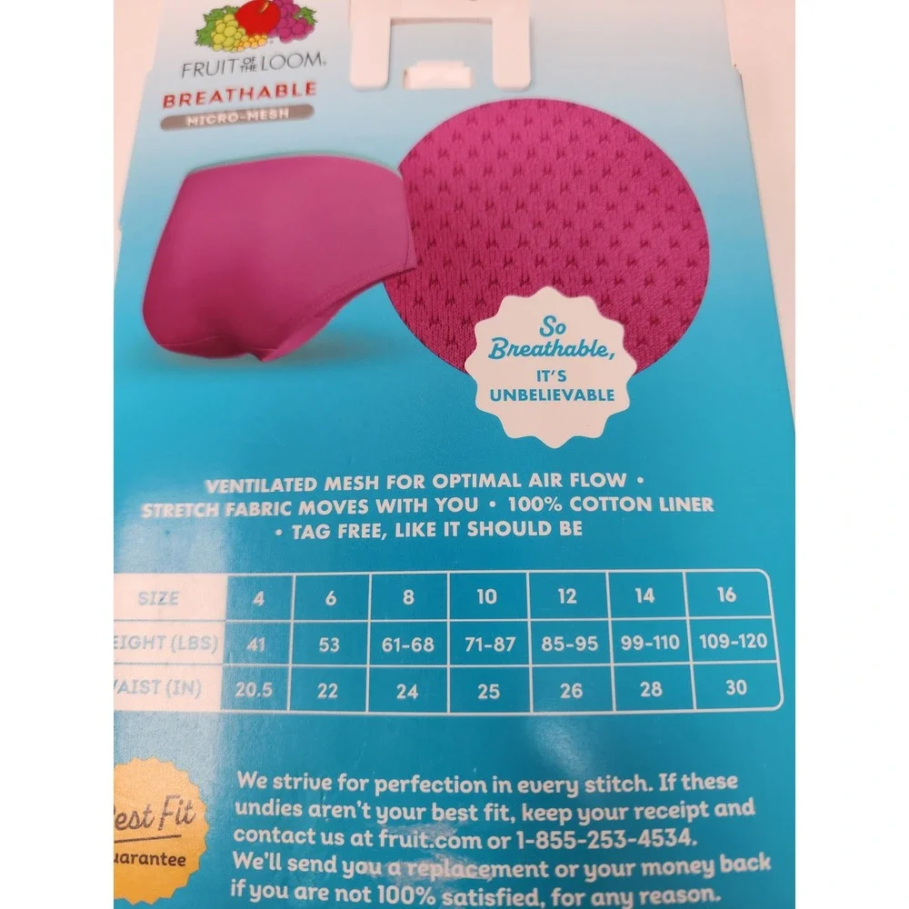 Fruit of the Loom Girls Breathable Briefs Multi Polyester Blend Casual Size 14